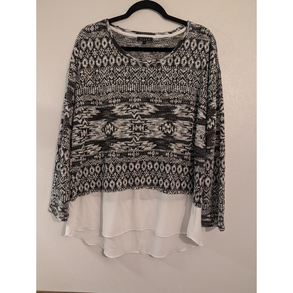 Kiara Women XXL Black White Tribal Knit Layered Chiffon Hem Top SCWK023